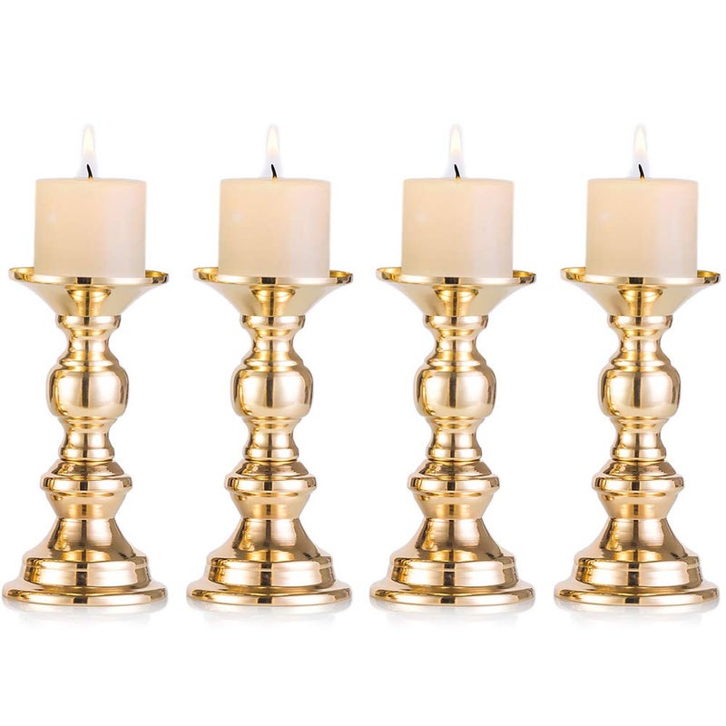 NUPTIO Set of 4 Gold Metal Pillar Candle Holders, Wedding Centerpieces Candlestick Holders for 2 inches Candles Stand Decoration Ideal for Weddings, Special Events, Parties - Image 1